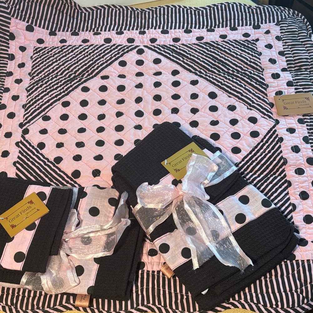 Pink & Black Polka Dot Table Square & Dish Towel Set by Great Finds NWT